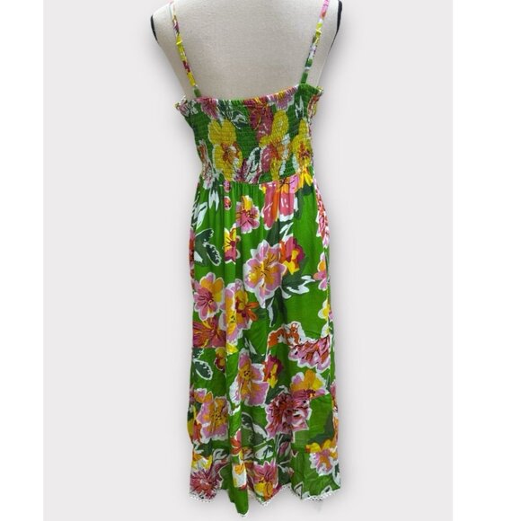 Womens Sz XL Dress Midi Green Tropical Floral Adjustable Straps Smocked Vacay - Picture 4 of 9